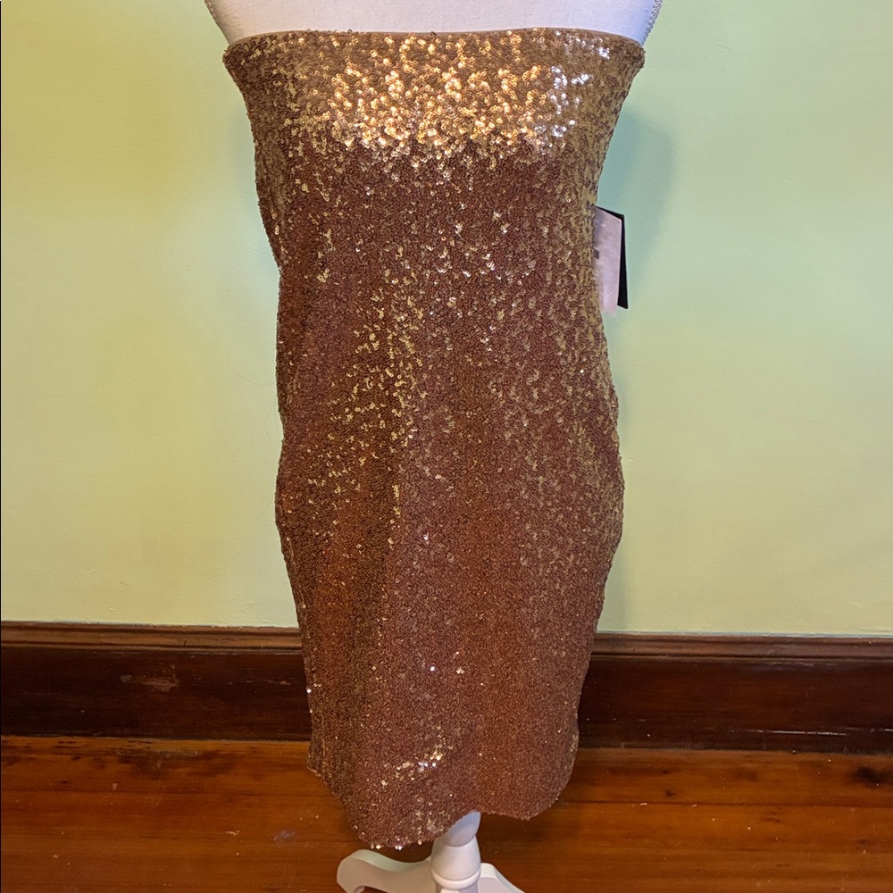 NWT Halston pull-on rose gold sequined skirt or mini dress, size S
